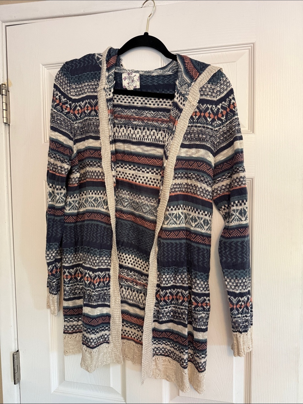 Hippie Rose Hooded Striped Knit Cardigan in Navy, Cream & Rust